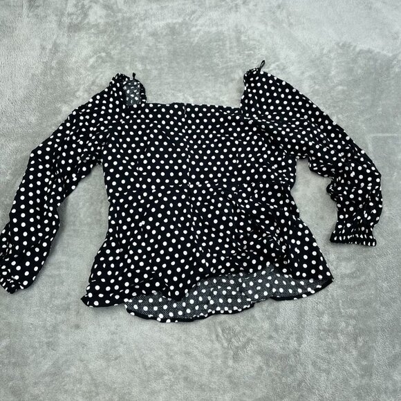 Michael Kors Black Polka Dot Long Sleeve Square Neck Peplum Top L 100% NWT 1423 - Picture 2 of 8